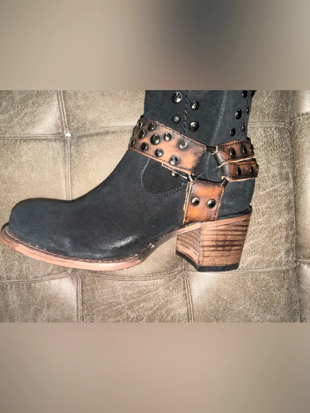 Freebird Daisy Black Suede Over-the-Knee Studded Boots with Brown Harness